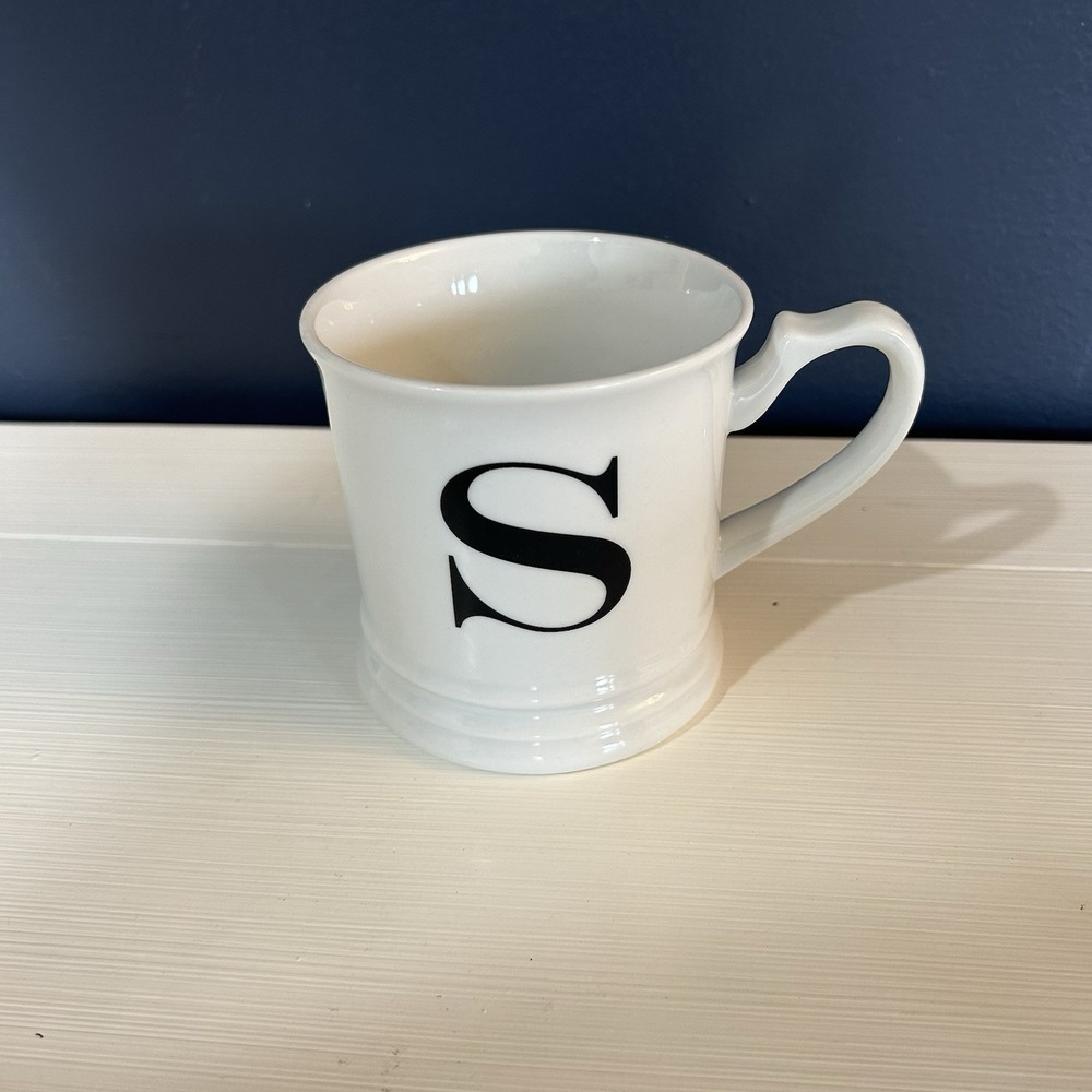 Williams Sonoma White Solid Black Monogram Initial Letter "S" Coffee Mug 14 Oz